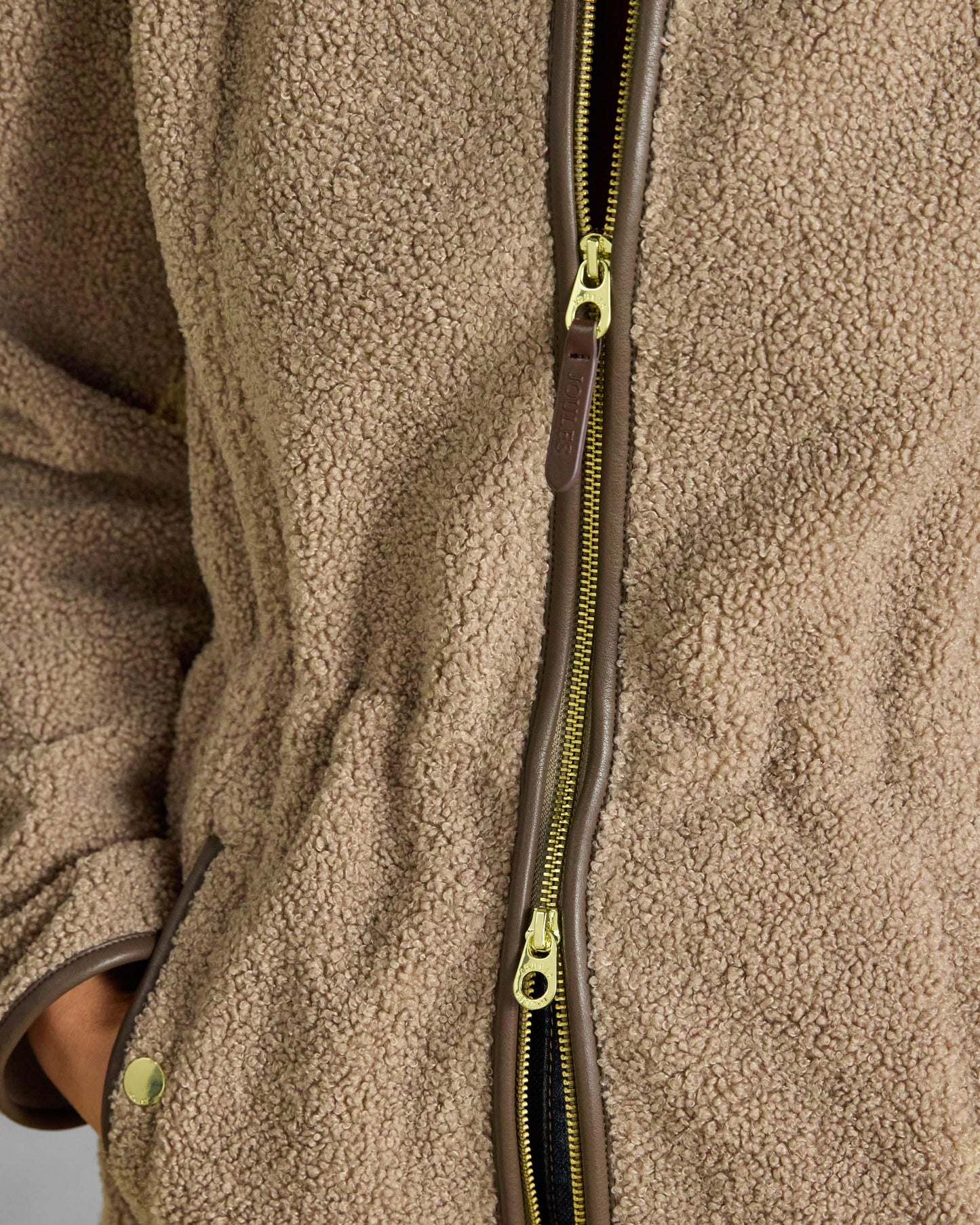 Joules Womens Longline Zip Through Borg Heritage Fleece - Mink Brown, zip detail