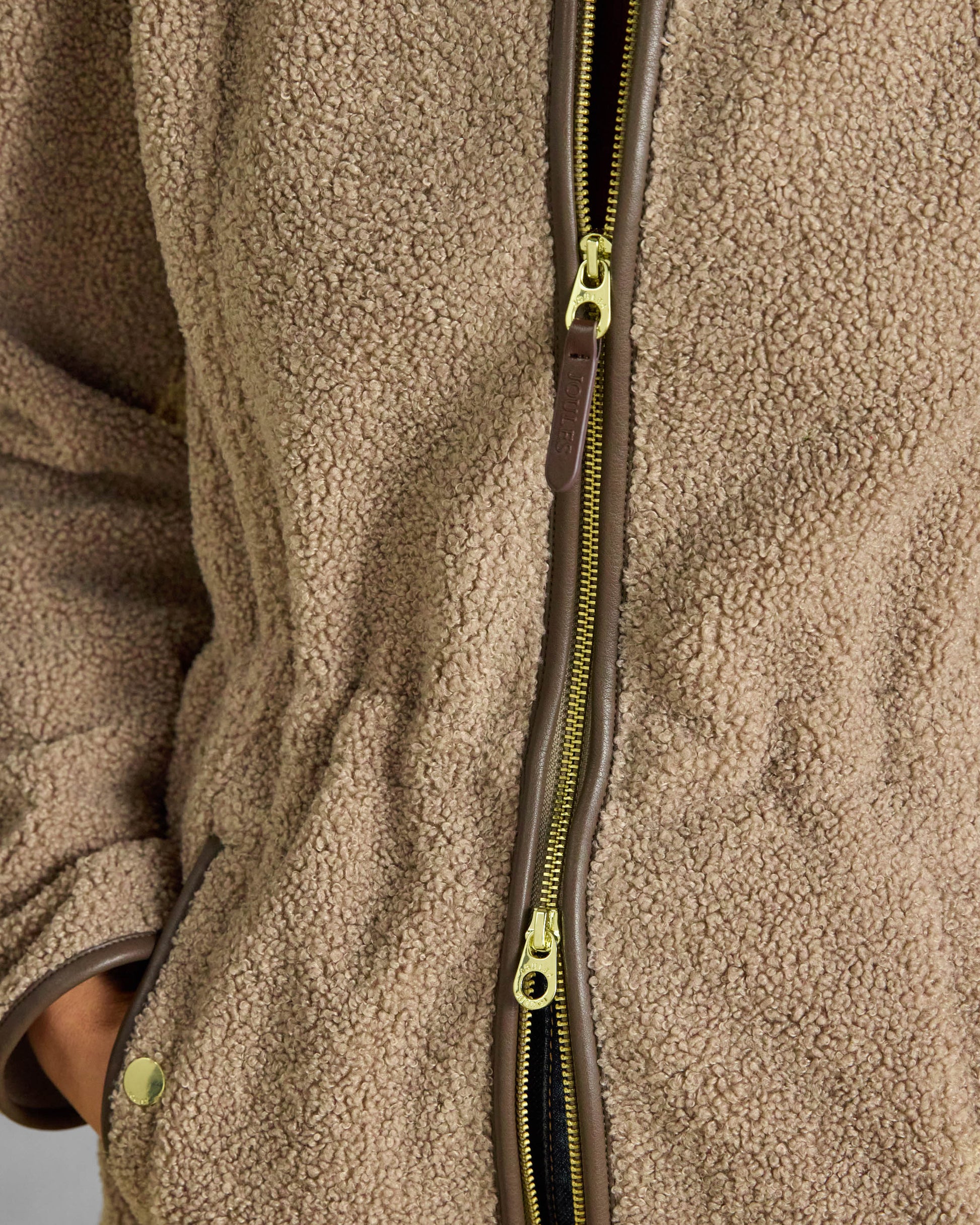 Joules Womens Longline Zip Through Borg Heritage Fleece - Mink Brown, zip detail