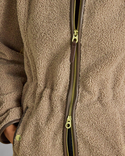Joules Womens Longline Zip Through Borg Heritage Fleece - Mink Brown, zip detail