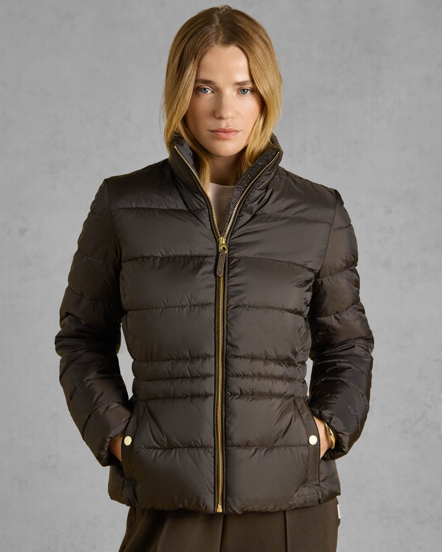Joules Paddock Womens Showerproof Padded Jacket - Brown front, zipped