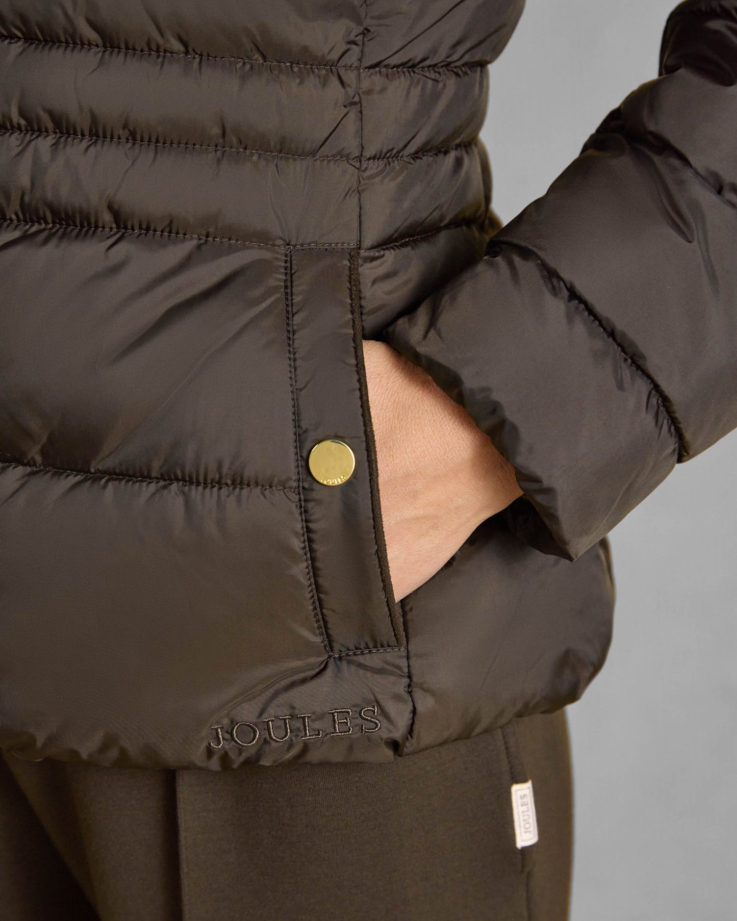 Joules Paddock Womens Showerproof Padded Jacket - Brown, pocket detail