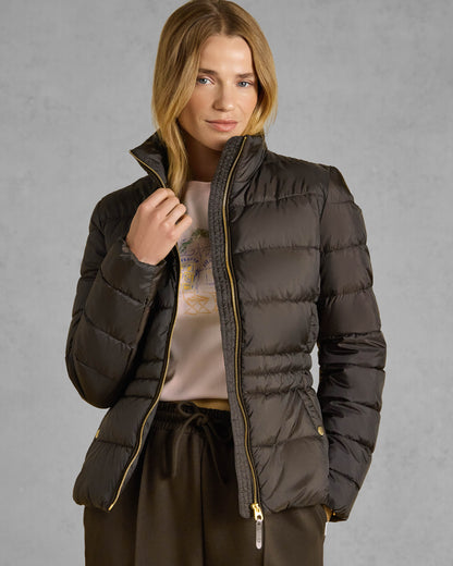 Joules Paddock Womens Showerproof Padded Jacket - Brown front, unzipped