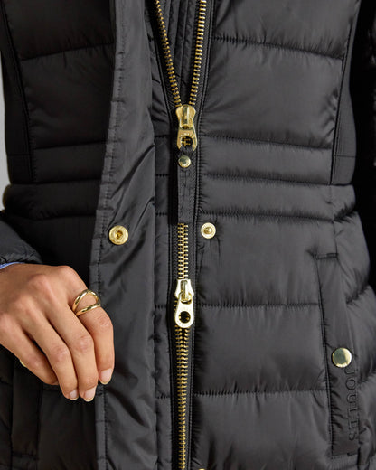Joules Windborough Womens Showerproof Longline Padded Coat - Black, zip detail