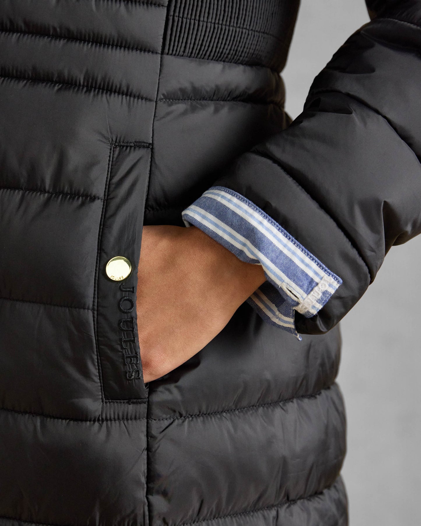 Joules Windborough Womens Showerproof Longline Padded Coat - Black, pocket detail