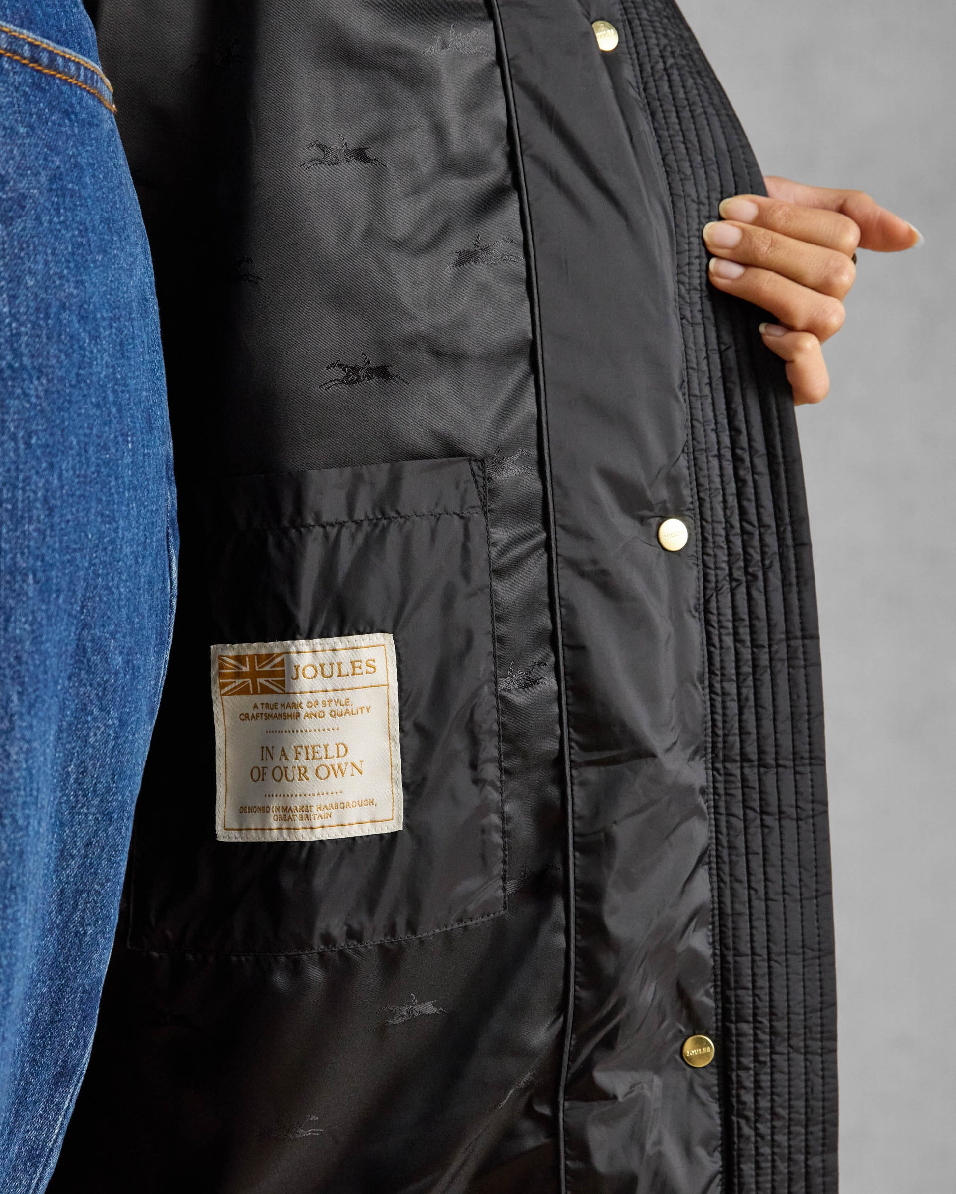 Joules Windborough Womens Showerproof Longline Padded Coat - Black, lining detail