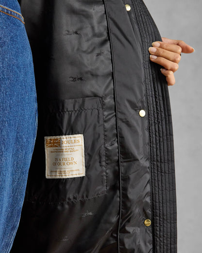 Joules Windborough Womens Showerproof Longline Padded Coat - Black, lining detail