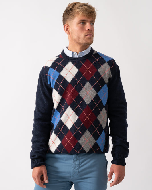 GANT Mens Argyle Crew Neck Jumper - 480 Dark Navy Melange