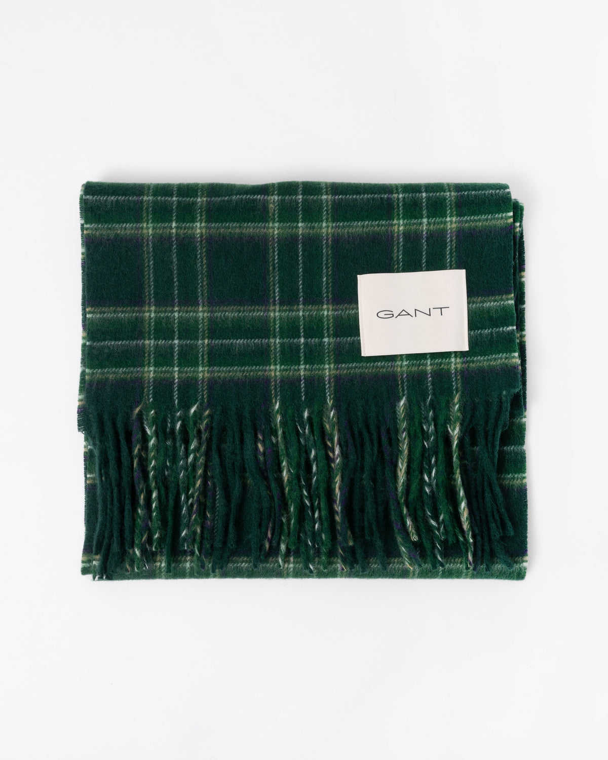 Flat lay of the GANT Mens Checked Wool Scarf - 374 Tartan Green folded up