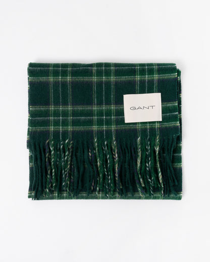 Flat lay of the GANT Mens Checked Wool Scarf - 374 Tartan Green folded up