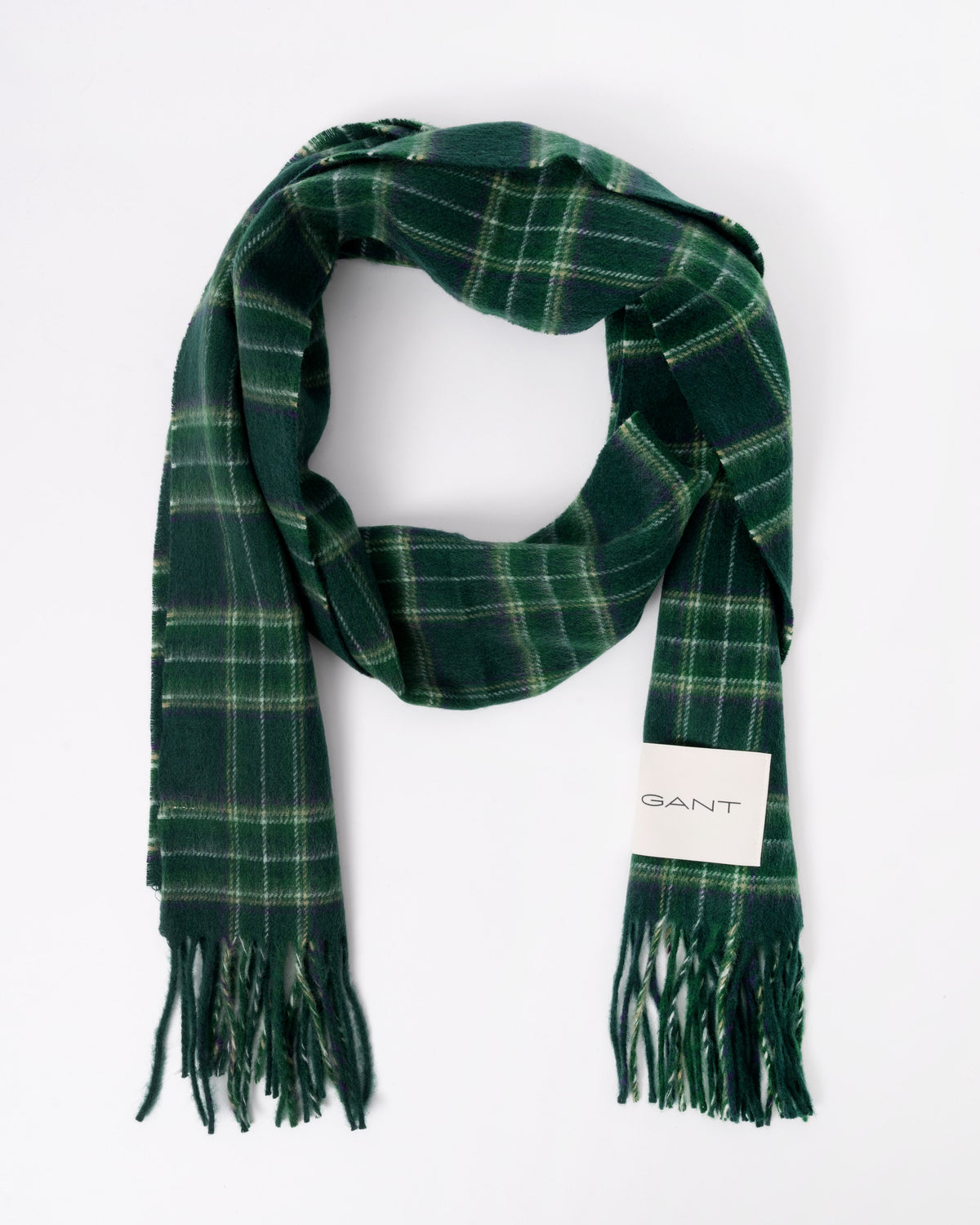 Flat lay of GANT Mens Checked Wool Scarf - 374 Tartan Green