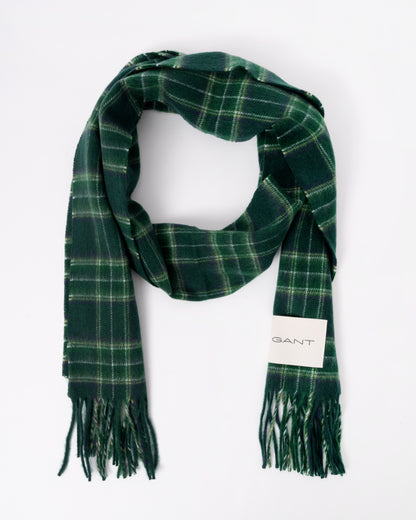 Flat lay of GANT Mens Checked Wool Scarf - 374 Tartan Green