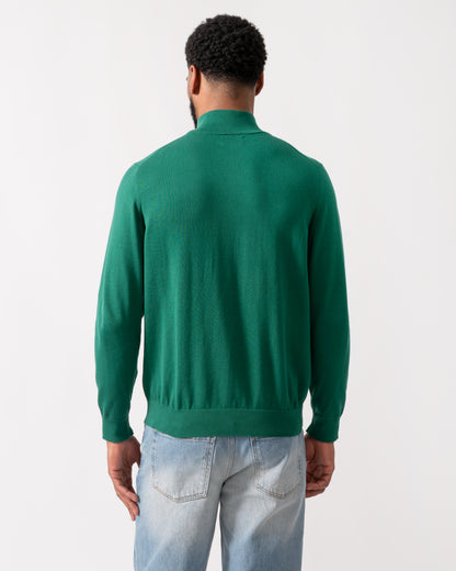 back shot of a model wearing a GANT Mens Classic Cotton Half Zip Jumper in Deep Forest Green
