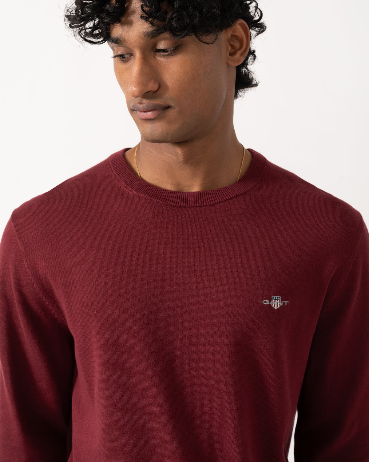 close up Studio photograph of a model wearing a GANT Mens Classic Cotton Shield Logo Crew Neck Jumper in 676 Deep Grape Wine