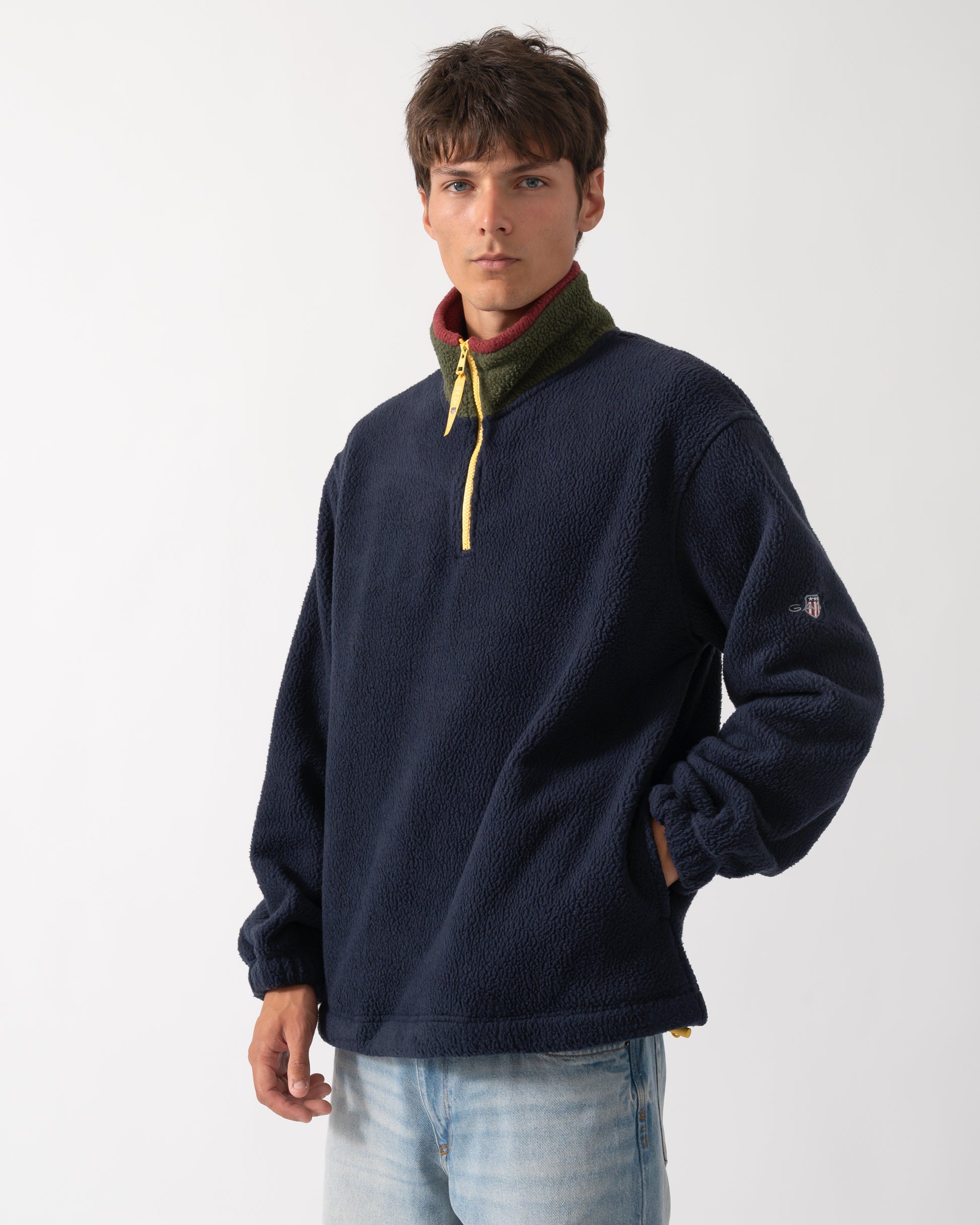 model wearing GANT Mens Color-Block Fleece in 433 Evening Blue