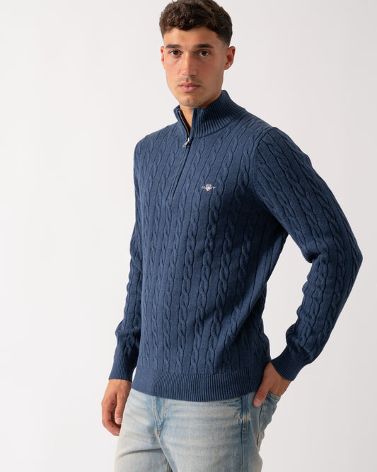 GANT Mens Cotton Cable Half Zip Jumper - 902 Dark Jeansblue Melange