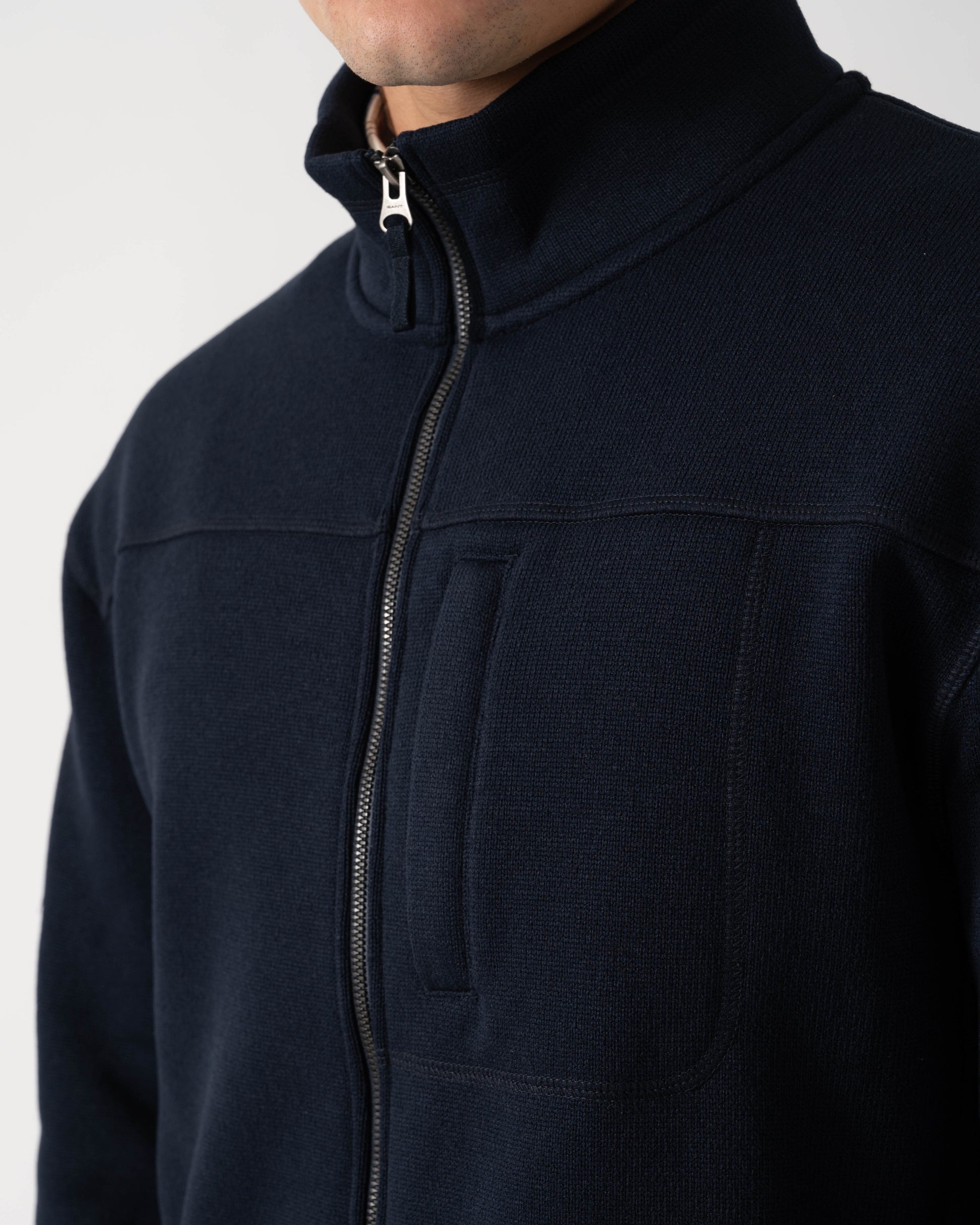 Zip detail of GANT Mens Fleece Jacket - 433 Evening Blue