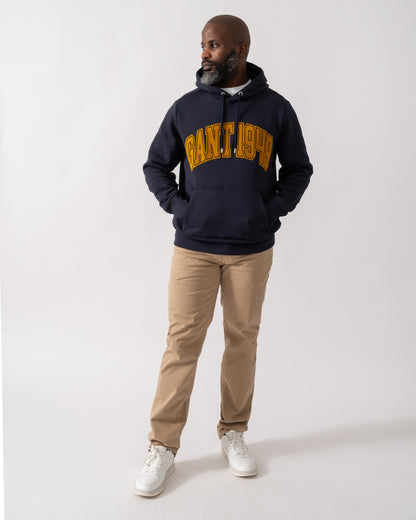 Full length shot of a Model wearing a GANT Mens Graphic Hoodie in Evening Blue