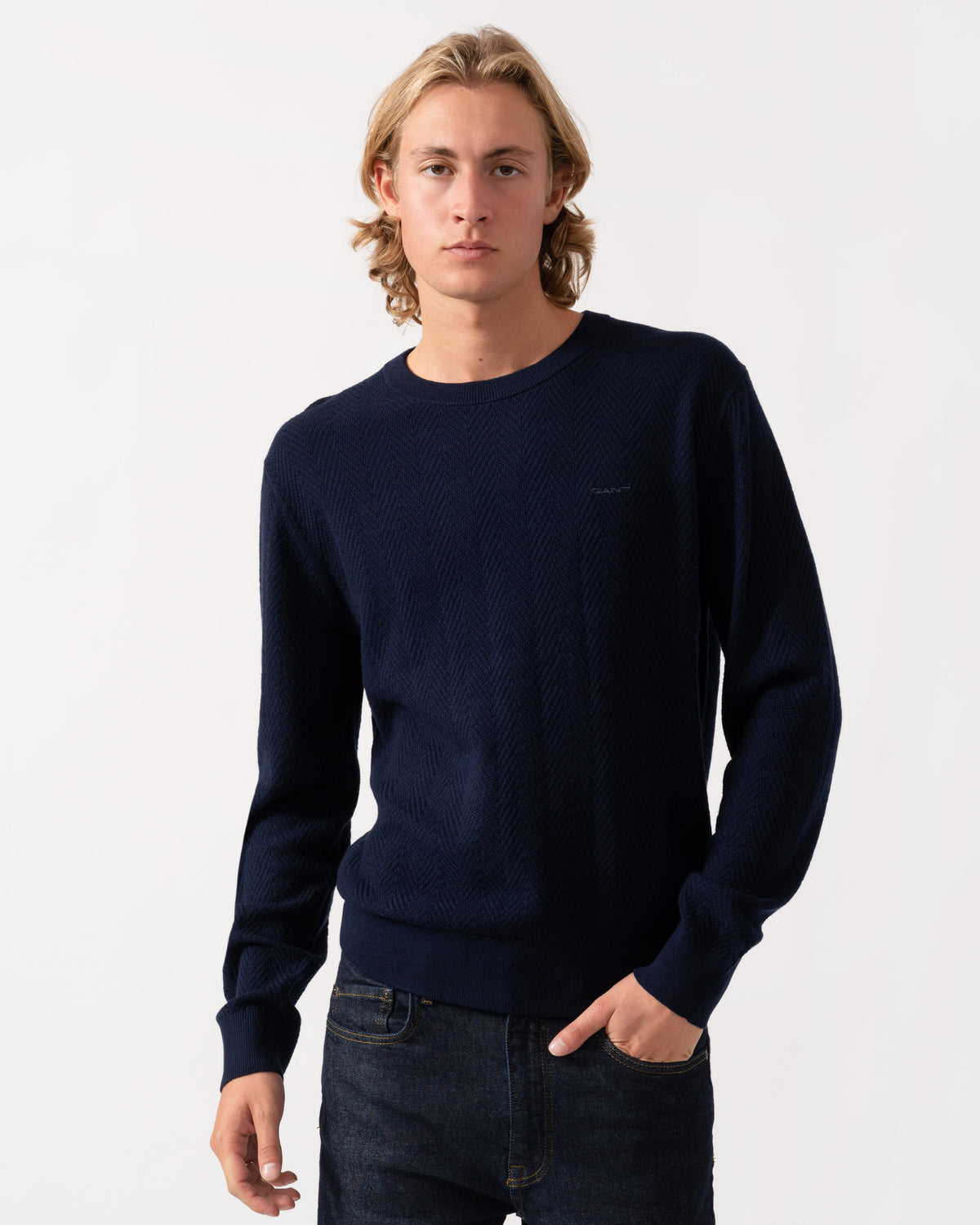 GANT Mens Herringbone Textured Crew Neck Sweater - 433 Evening Blue