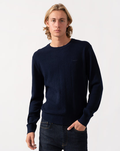 GANT Mens Herringbone Textured Crew Neck Sweater - 433 Evening Blue