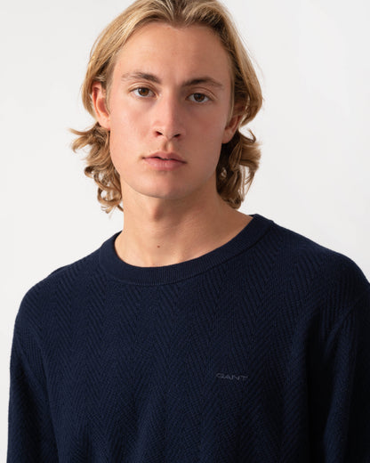 GANT Mens Herringbone Textured Crew Neck Sweater - 433 Evening Blue