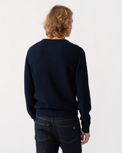 GANT Mens Herringbone Textured Crew Neck Sweater - 433 Evening Blue