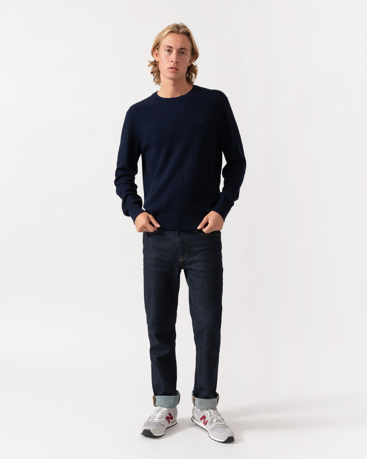 GANT Mens Herringbone Textured Crew Neck Sweater - 433 Evening Blue