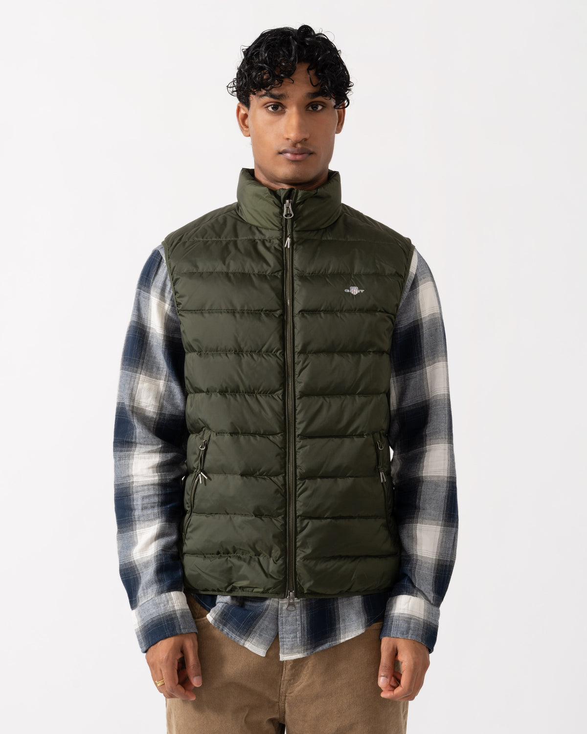 Front of the GANT Mens Light Down Shield Logo Gilet - 368 Dark Moss Green
