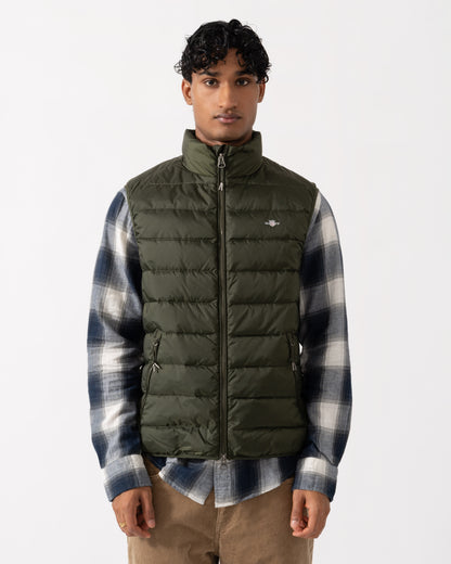 Front of the GANT Mens Light Down Shield Logo Gilet - 368 Dark Moss Green