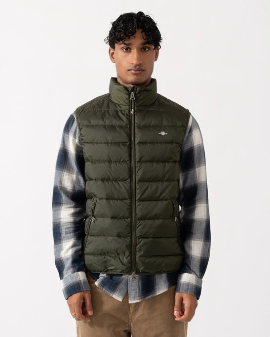Front of the GANT Mens Light Down Shield Logo Gilet - 368 Dark Moss Green