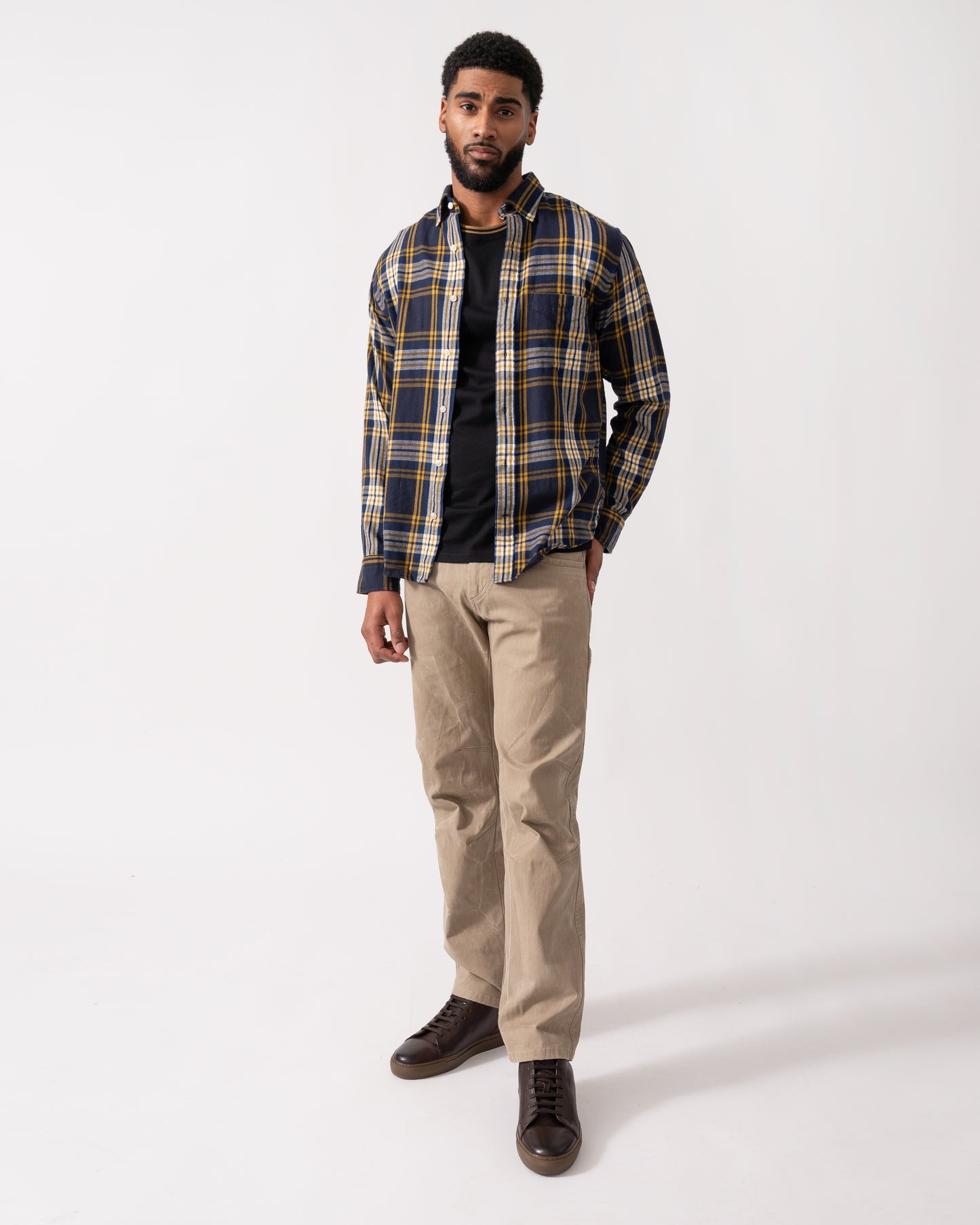 full length of a model wearing a GANT Mens Long Sleeve Windblown Flannel Large Check Shirt in Evening Blue