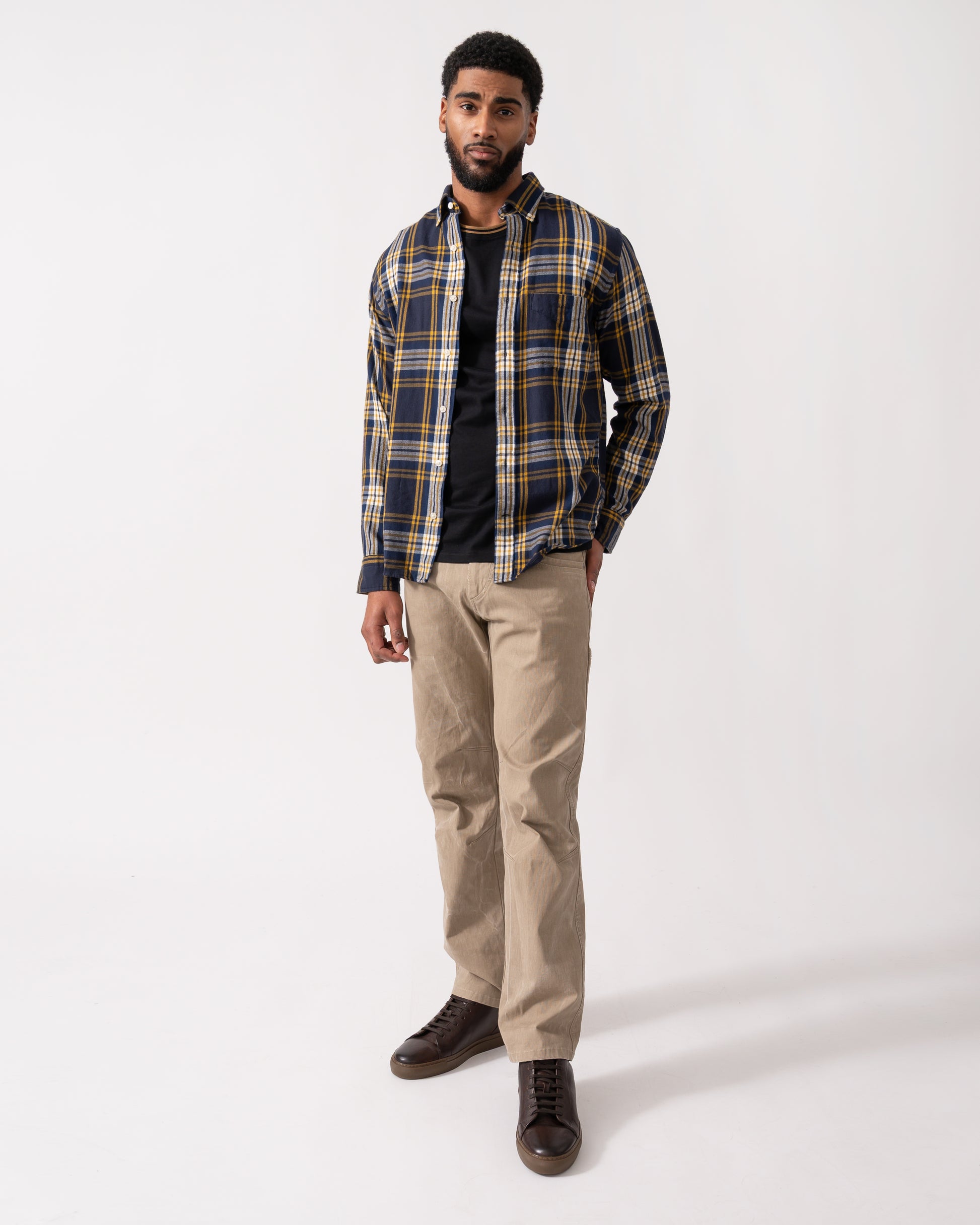 full length of a model wearing a GANT Mens Long Sleeve Windblown Flannel Large Check Shirt in Evening Blue