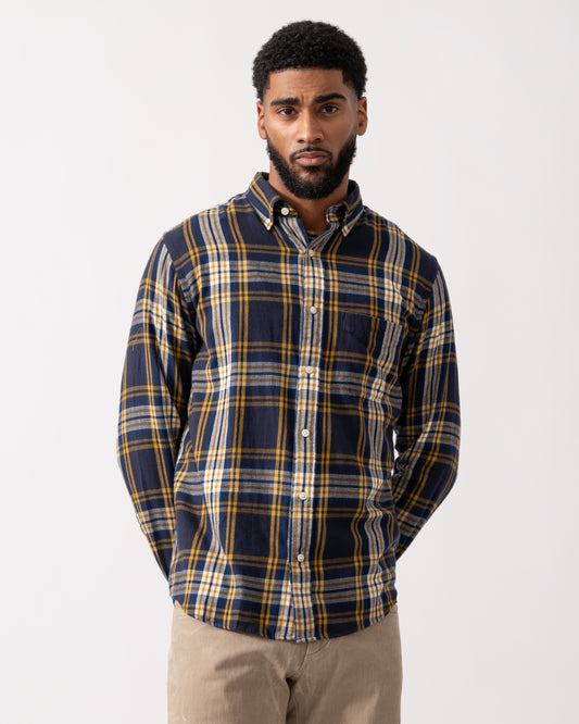 model wearing a GANT Mens Long Sleeve Windblown Flannel Large Check Shirt in Evening Blue