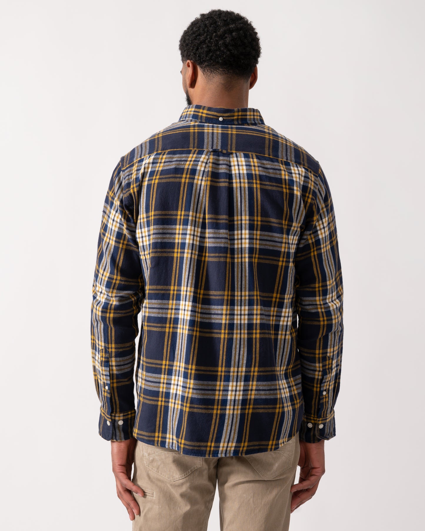 back of model wearing a GANT Mens Long Sleeve Windblown Flannel Large Check Shirt in Evening Blue