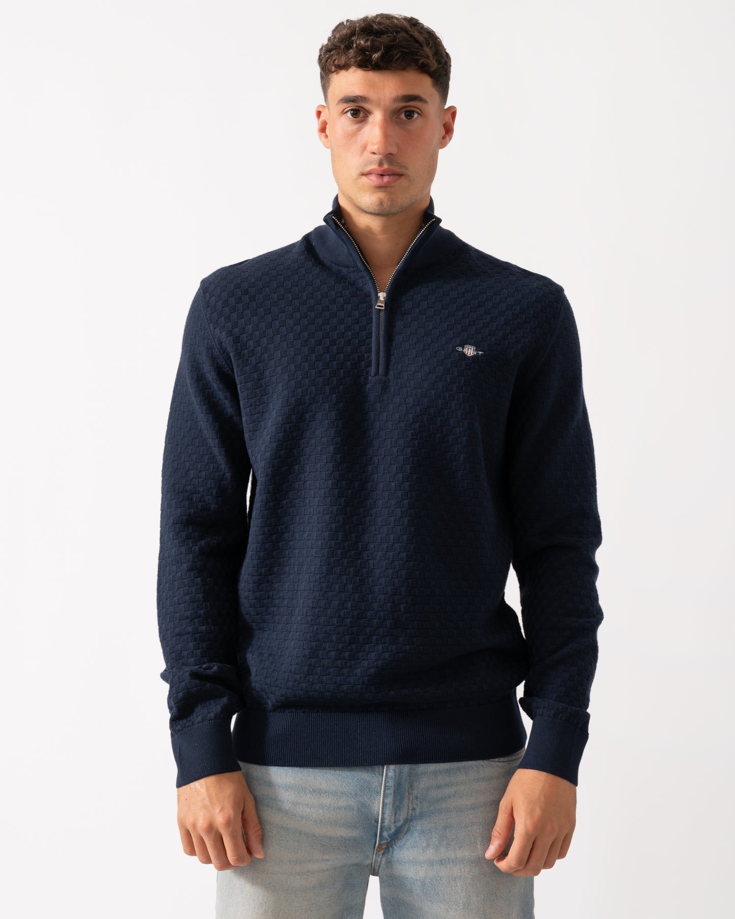 GANT Mens Micro Texture Half Zip Jumper - 433 Evening Blue