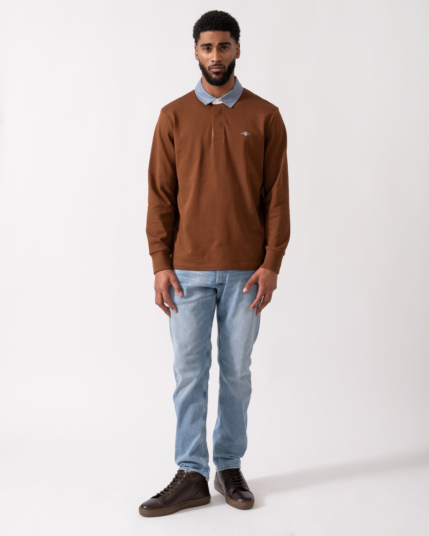 full length of a Model wearing s GANT Mens Regular Fit Chambray Heavy Rugger in Mahogany Brown