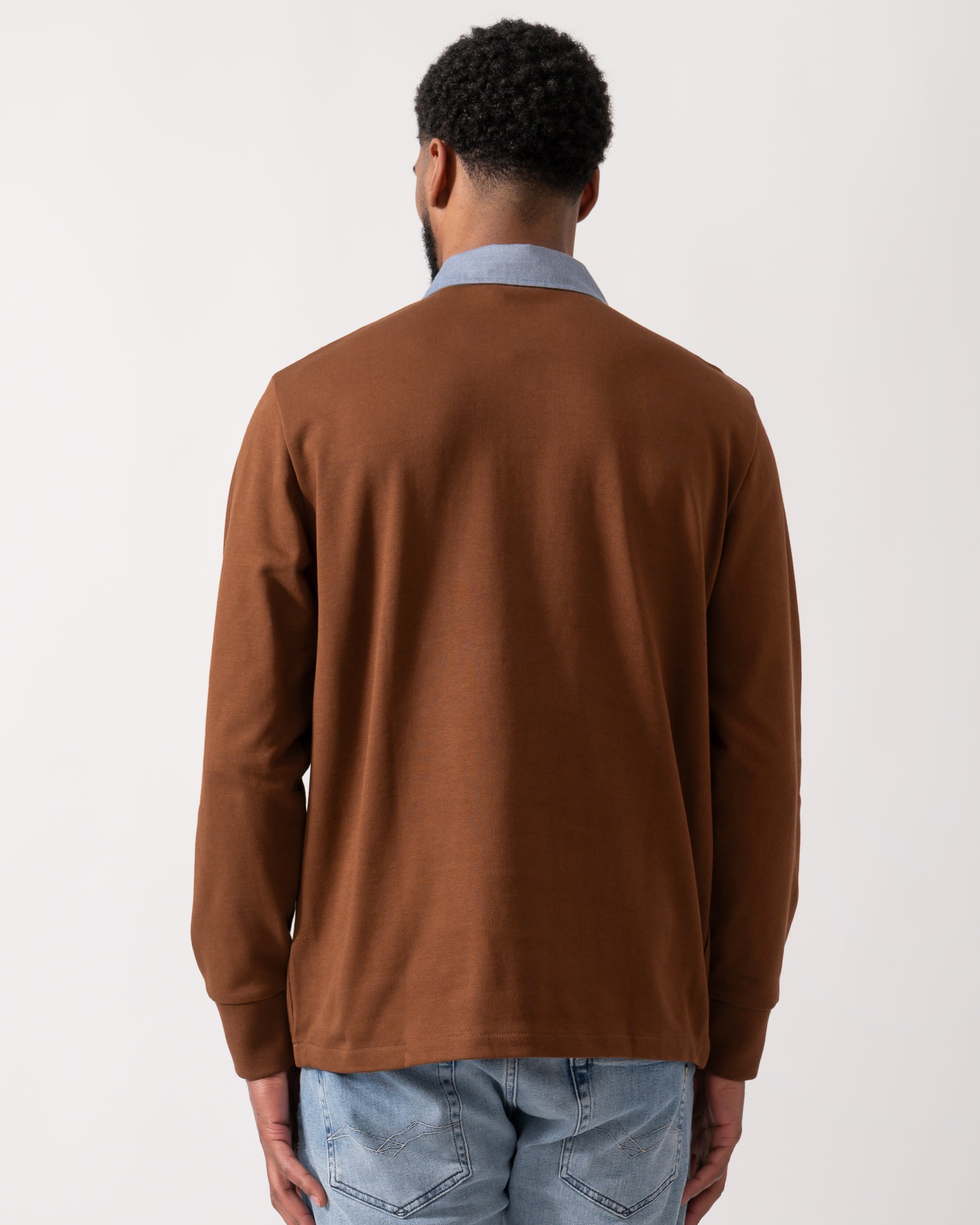 back of a Model wearing s GANT Mens Regular Fit Chambray Heavy Rugger in Mahogany Brown