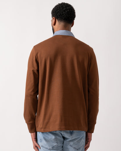 back of a Model wearing s GANT Mens Regular Fit Chambray Heavy Rugger in Mahogany Brown