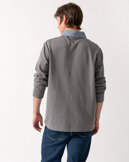 back shot of a model wearing a GANT Mens Regular Fit Chambray Heavy Rugger in 38 Mid Grey