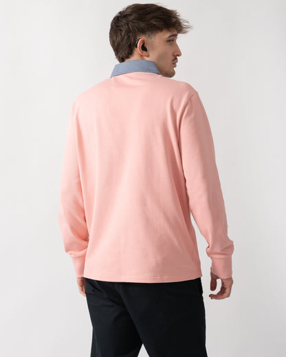 back shot of a model wearing a GANT Mens Regular Fit Chambray Heavy Rugger in Bubblegum Pink