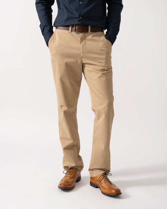 Model wearing GANT Mens Regular Fit Classic Chinos in Dark Khaki