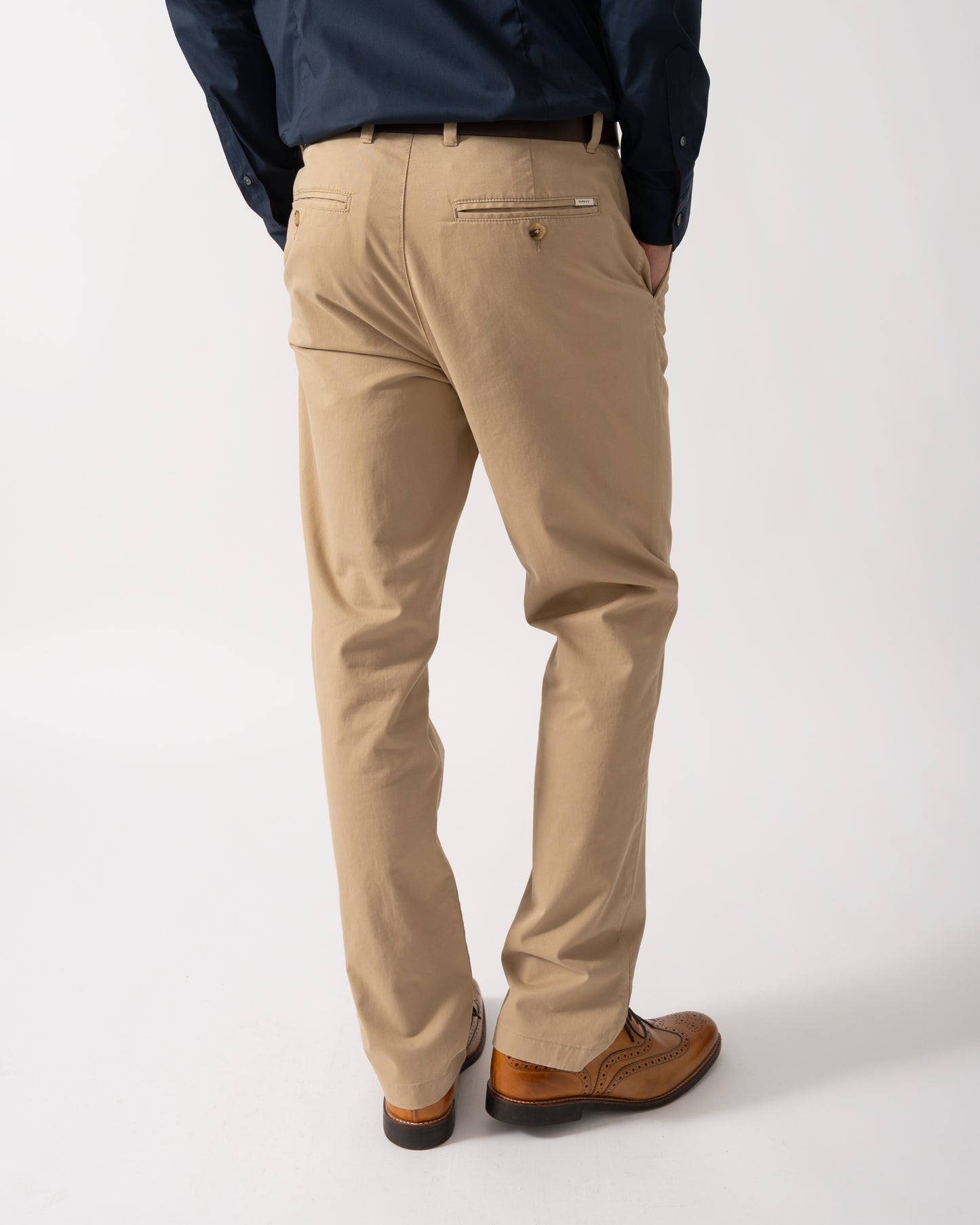 Back shot of a Model wearing GANT Mens Regular Fit Classic Chinos in Dark Khaki