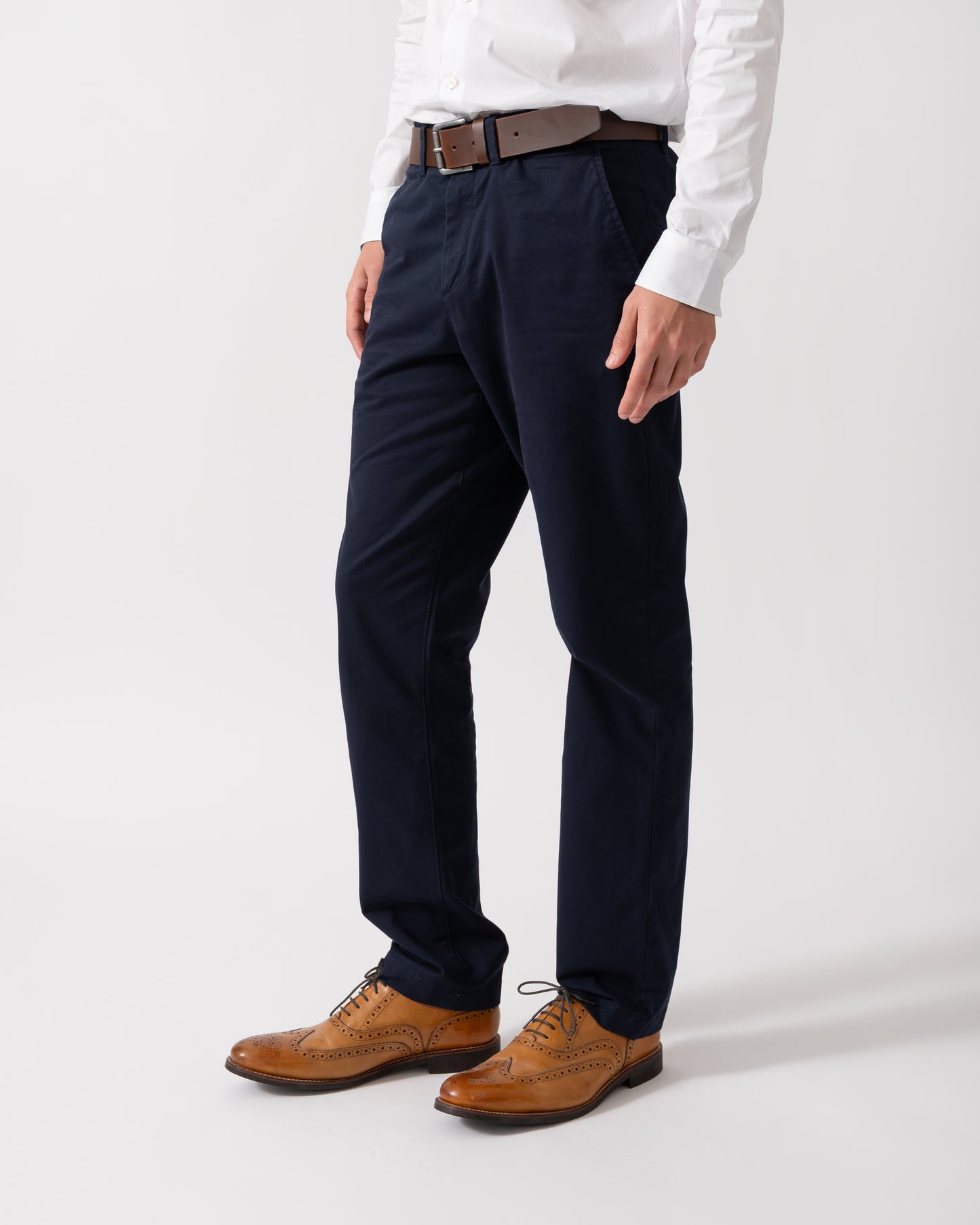 Model wearing GANT Mens Regular Fit Classic Chinos in Evening Blue
