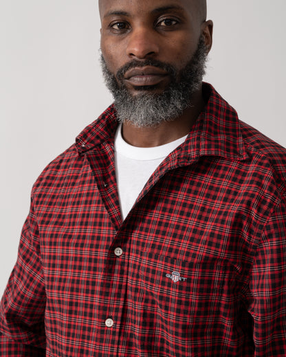 close up shot of a Model wearing a GANT Mens Regular Fit Classic Poplin Check Shirt in Ruby Red