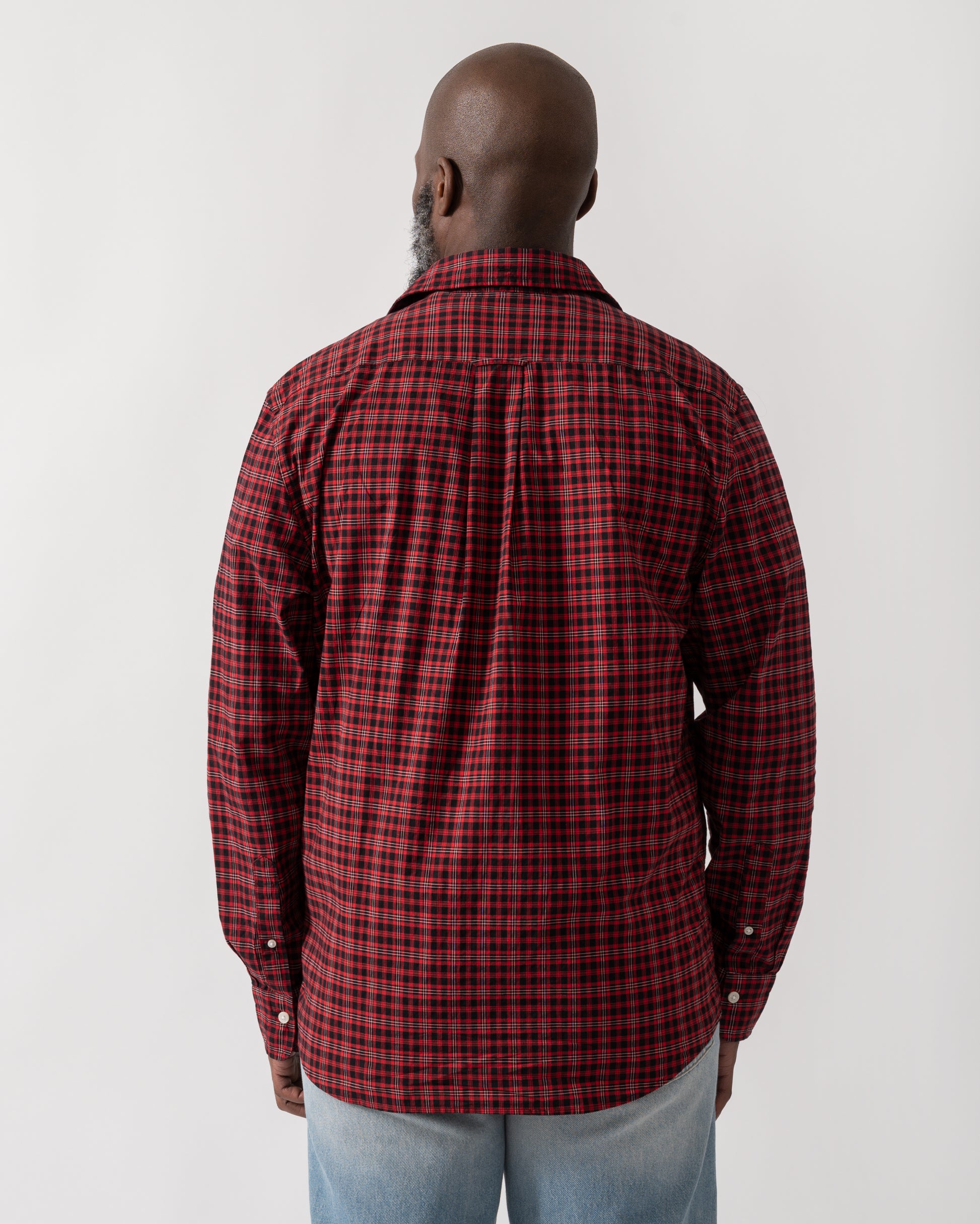 back shot of a Model wearing a GANT Mens Regular Fit Classic Poplin Check Shirt in Ruby Red