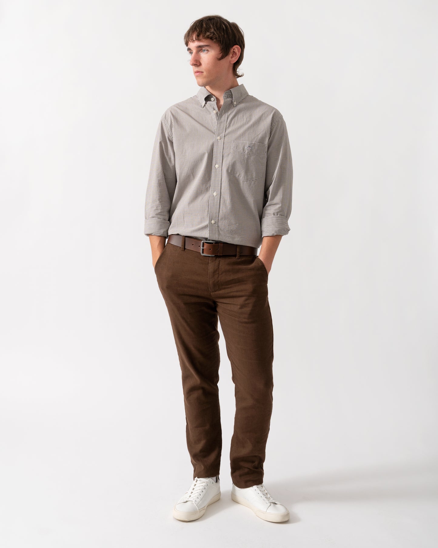 full length of model wearing a GANT Mens Regular Fit Classic Poplin Gingham Shirt in 260 Faded Taupe
