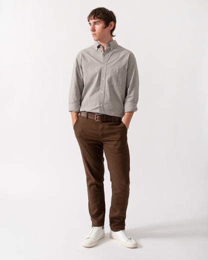 full length of model wearing a GANT Mens Regular Fit Classic Poplin Gingham Shirt in 260 Faded Taupe