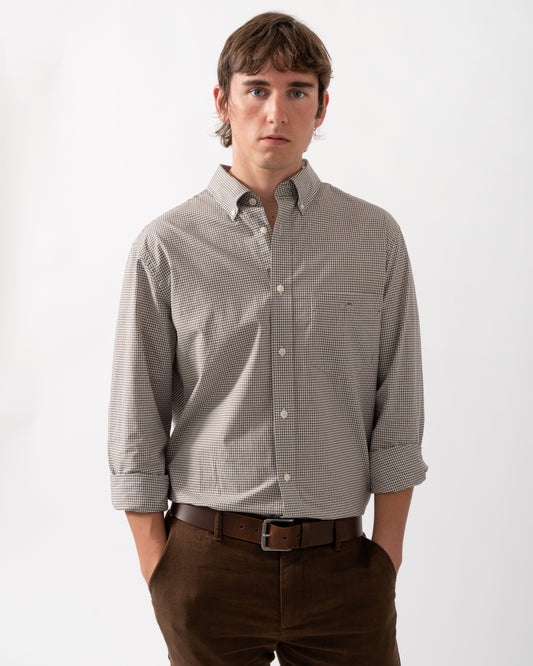 model wearing a GANT Mens Regular Fit Classic Poplin Gingham Shirt in 260 Faded Taupe