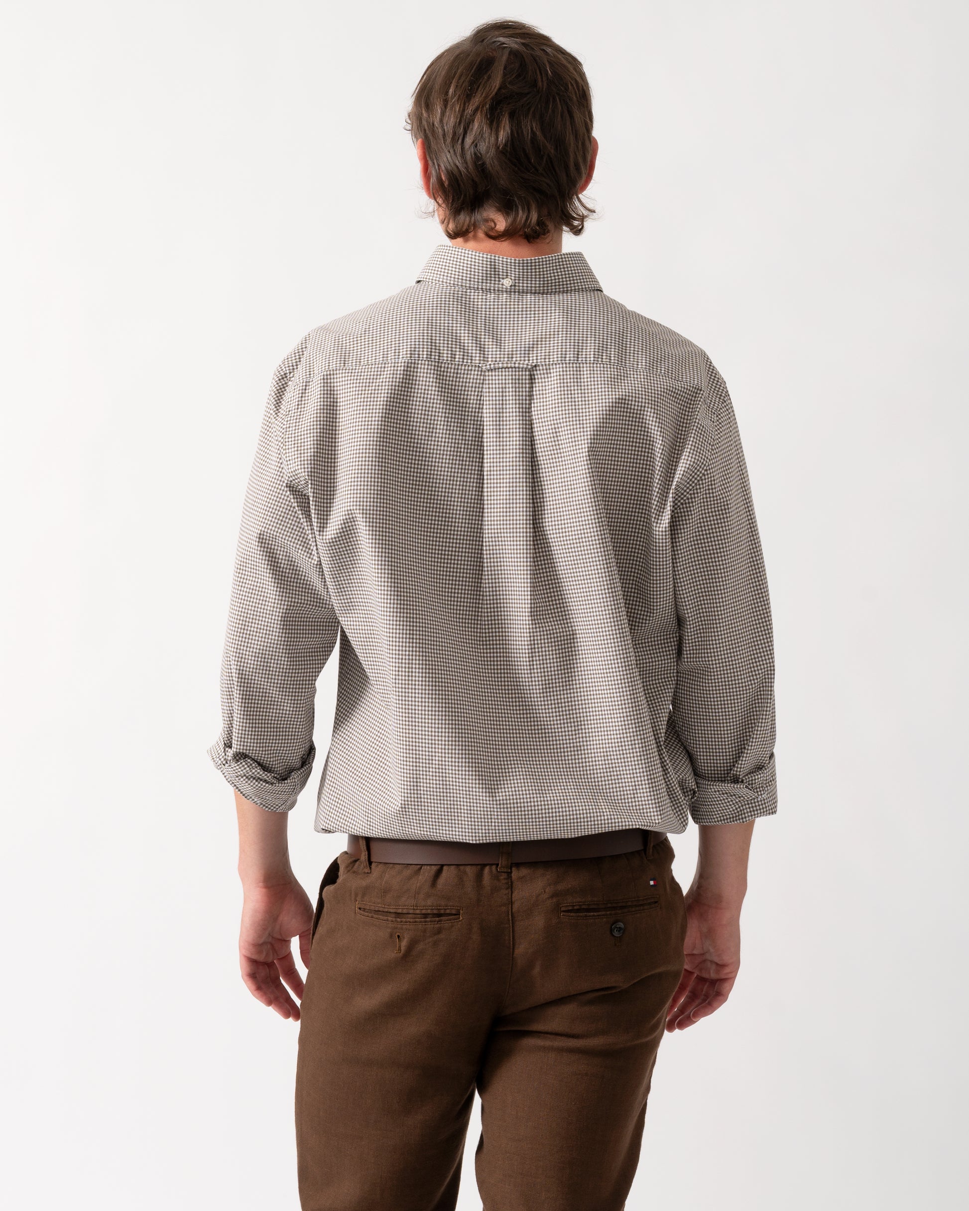 back of model wearing a GANT Mens Regular Fit Classic Poplin Gingham Shirt in 260 Faded Taupe