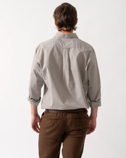 back of model wearing a GANT Mens Regular Fit Classic Poplin Gingham Shirt in 260 Faded Taupe