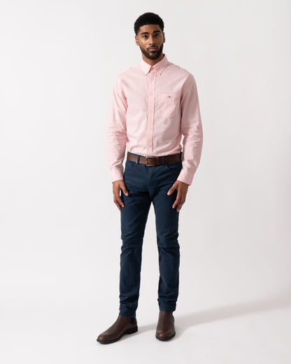 Full length shot of a Model wearing a GANT Mens Regular Fit Classic Poplin Gingham Shirt in Washed Pink